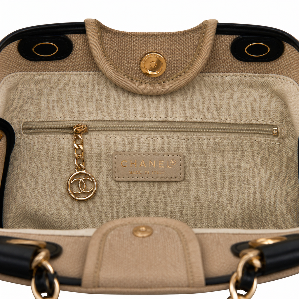 Chanel Deauville Tote Large Beige Canvas Black Leather Handles Gold Chain Shoulder Bag 39cm