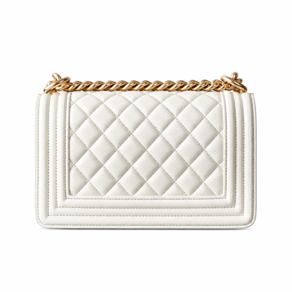 Chanel Boy Bag Small White Quilted Lambskin Antique Gold Chunky Chain CC Lock 20cm