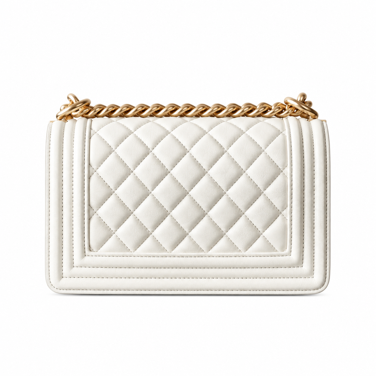 Chanel Boy Bag Small White Quilted Lambskin Antique Gold Chunky Chain CC Lock 20cm
