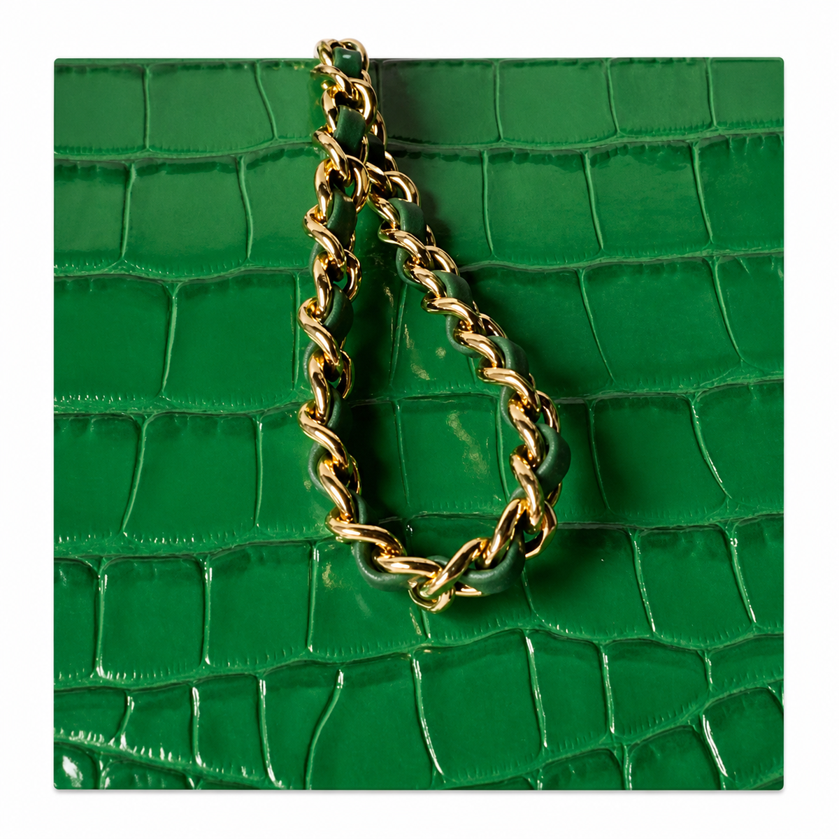Chanel Flap Bag | Emerald Green Crocodile-Embossed Leather Top Handle & Gold Chain | 19.6cm