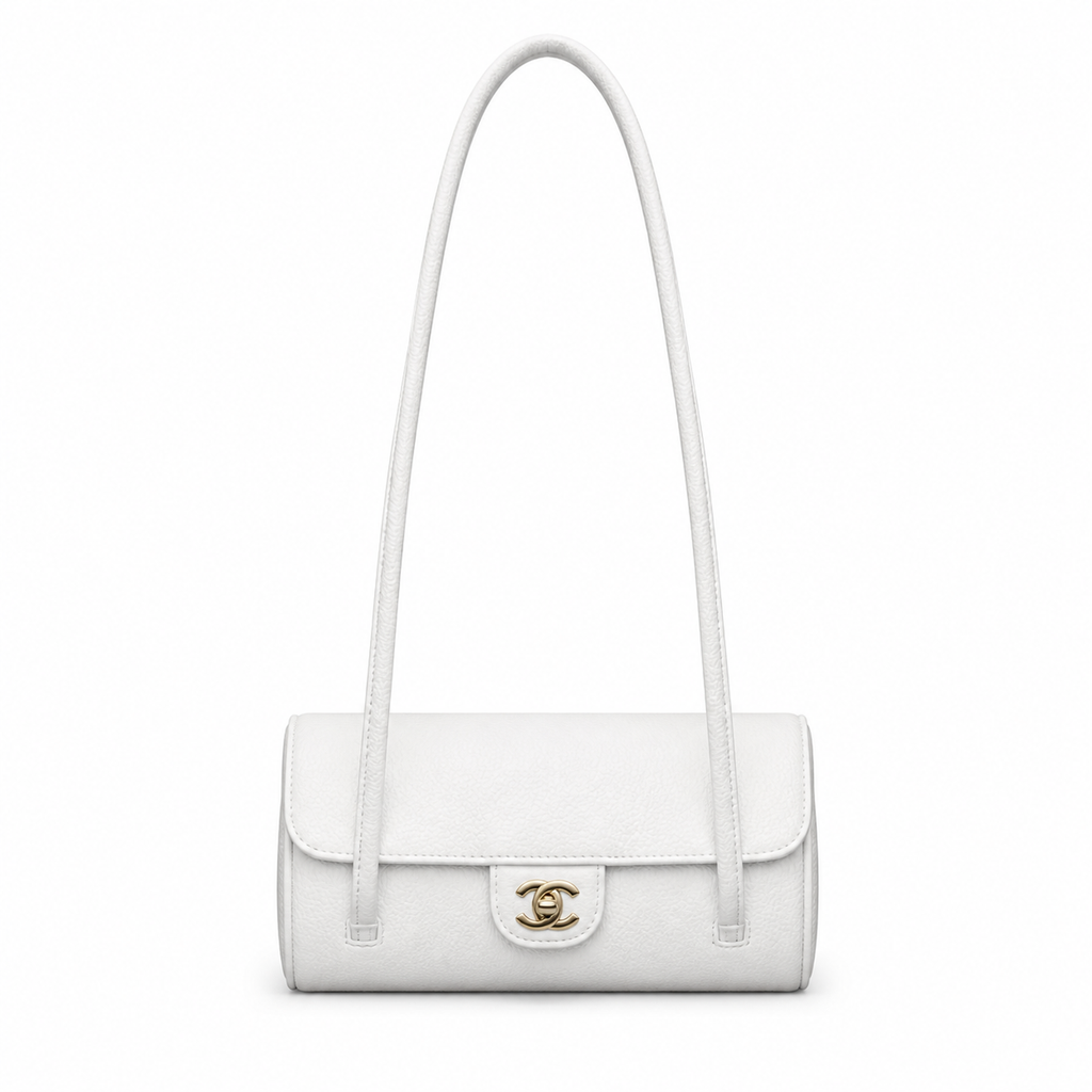 Chanel Vintage Cylinder Barrel Shoulder Bag White Smooth Leather Gold CC Turn-Lock Slim Strap 20.5cm