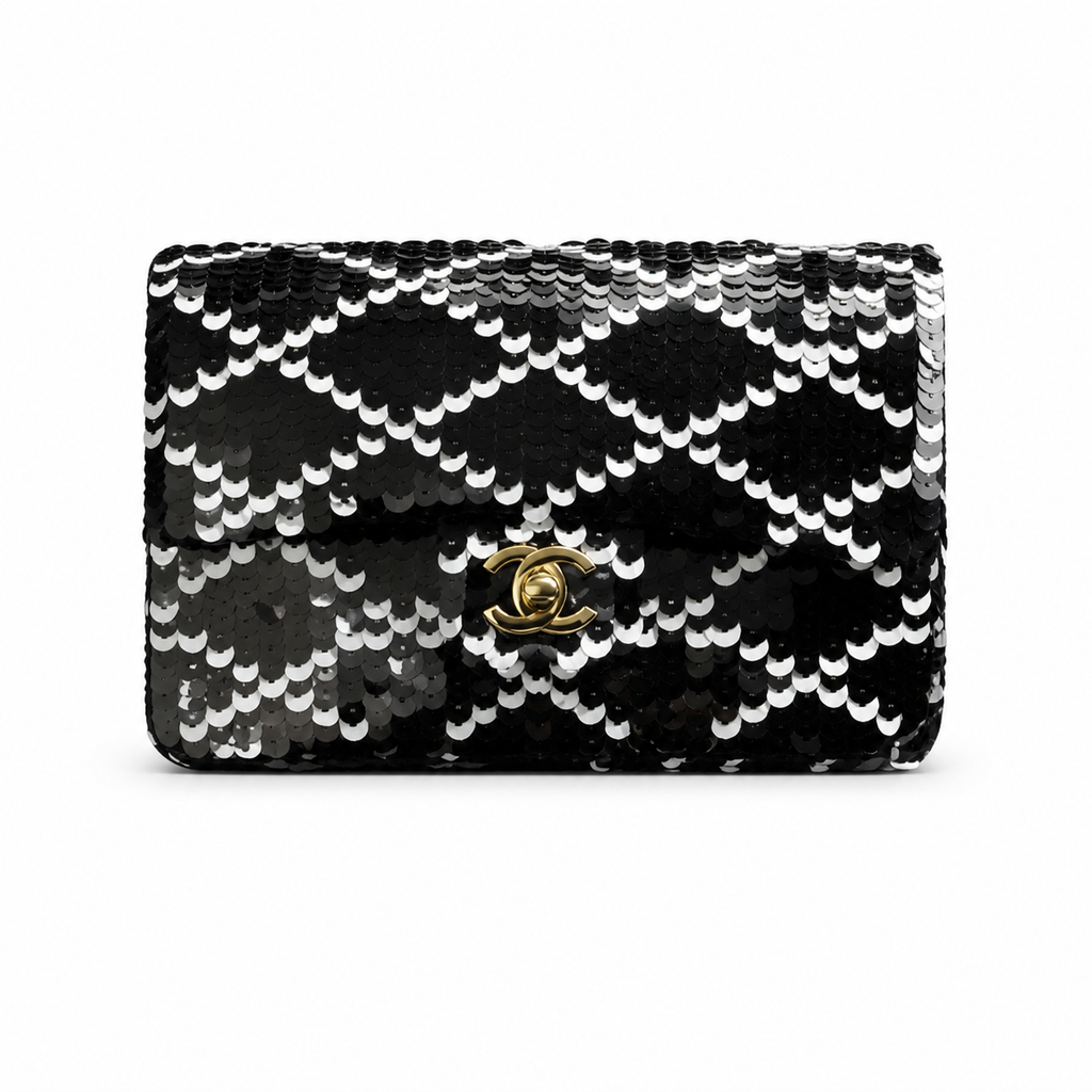 Chanel Black & Silver Sequin Quilted Classic Flap Shoulder Bag | Gold CC | 14×21×8cm