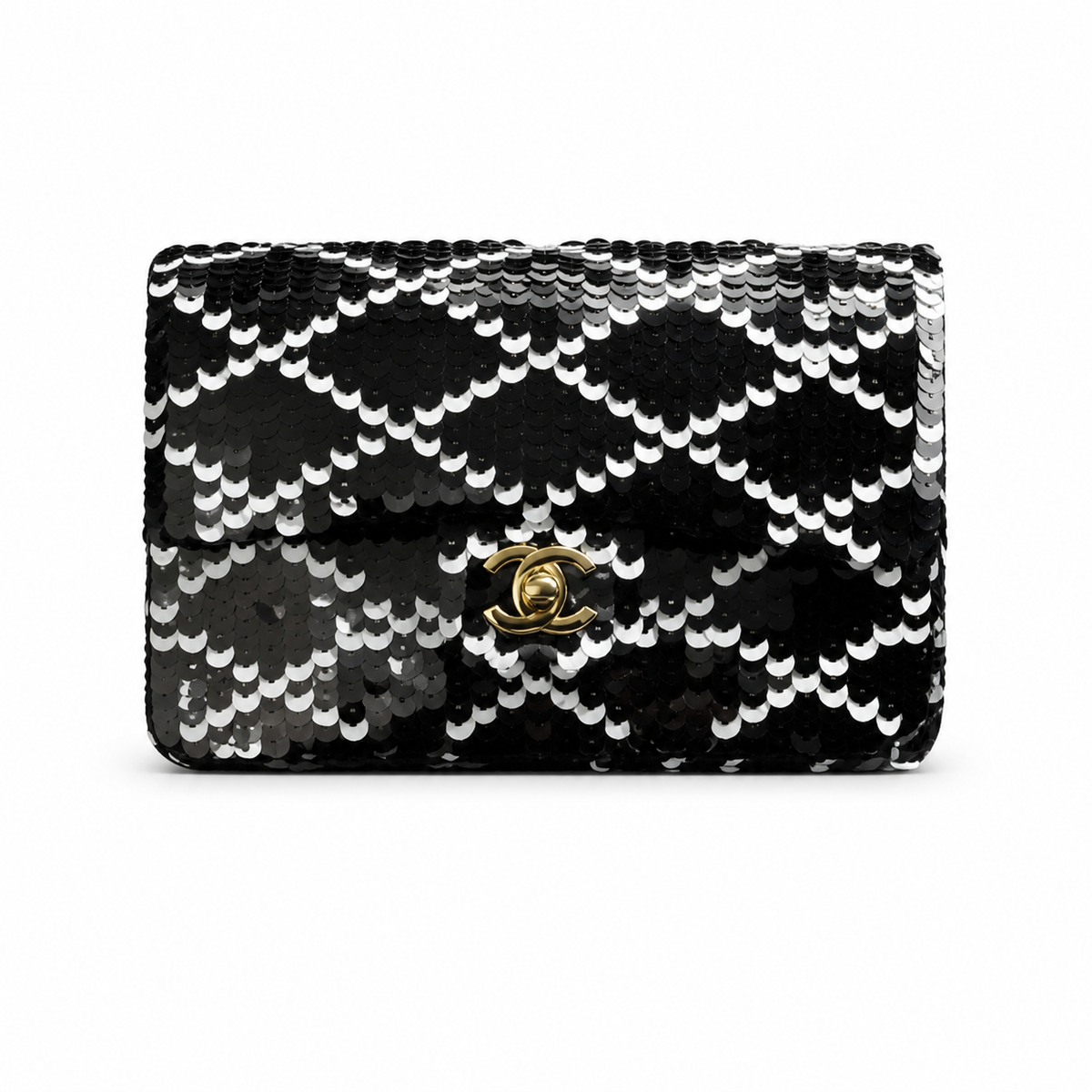 Chanel Black & Silver Sequin Quilted Classic Flap Shoulder Bag | Gold CC | 14×21×8cm