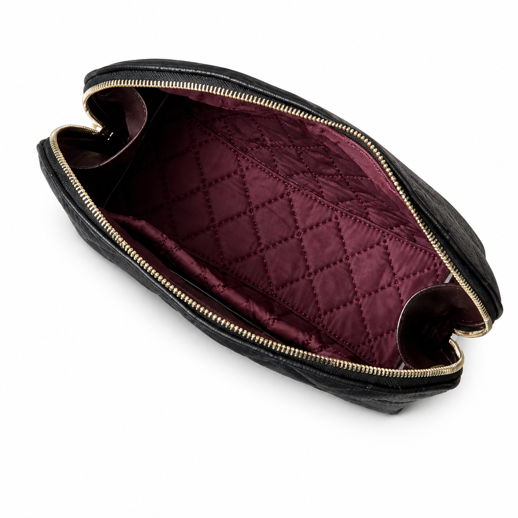 Chanel Black Quilted Caviar Rectangular Toiletry Pouch Gold CC Logo Gold Zipper Burgundy Lining Made in Italy 19cm