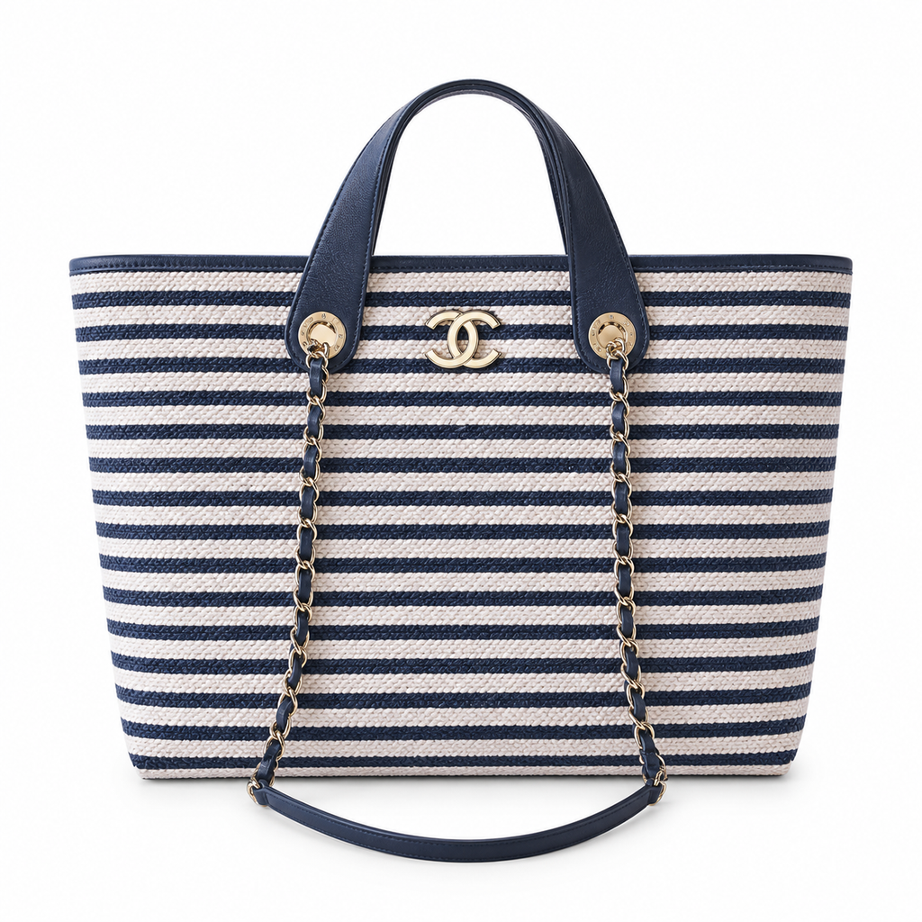 Chanel Navy & Ivory Stripe Woven Large Shopping Tote | Gold CC | Navy Leather & Chain | 25×46×13cm