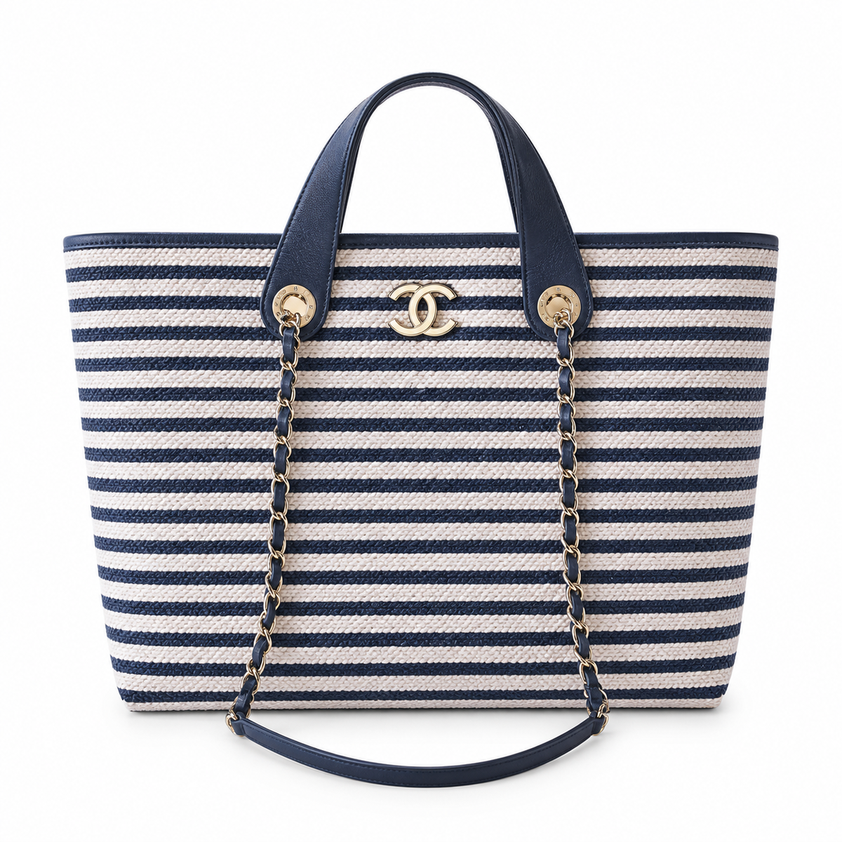 Chanel Navy & Ivory Stripe Woven Large Shopping Tote | Gold CC | Navy Leather & Chain | 25×46×13cm