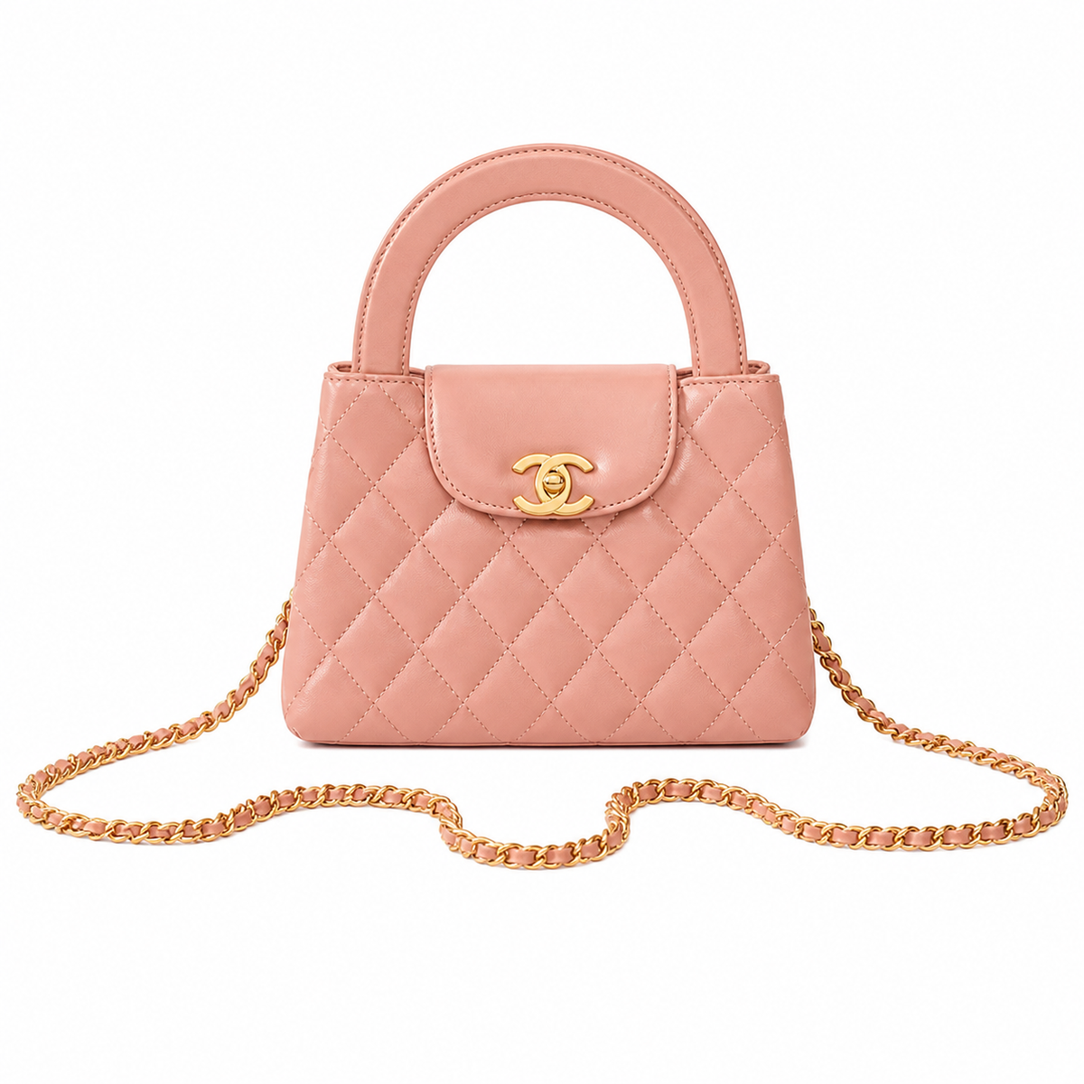 Chanel Blush Pink Quilted Lambskin Mini Coco Handle Bag Aged Gold Chain Made in Italy