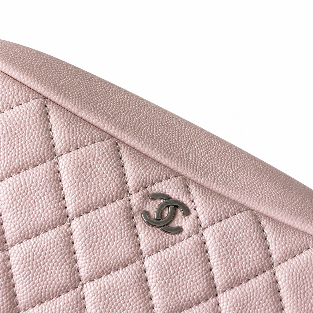 Chanel Light Pink Caviar Quilted Zip-Around Square Vanity Case Silver Zipper Silver Hardware 21cm