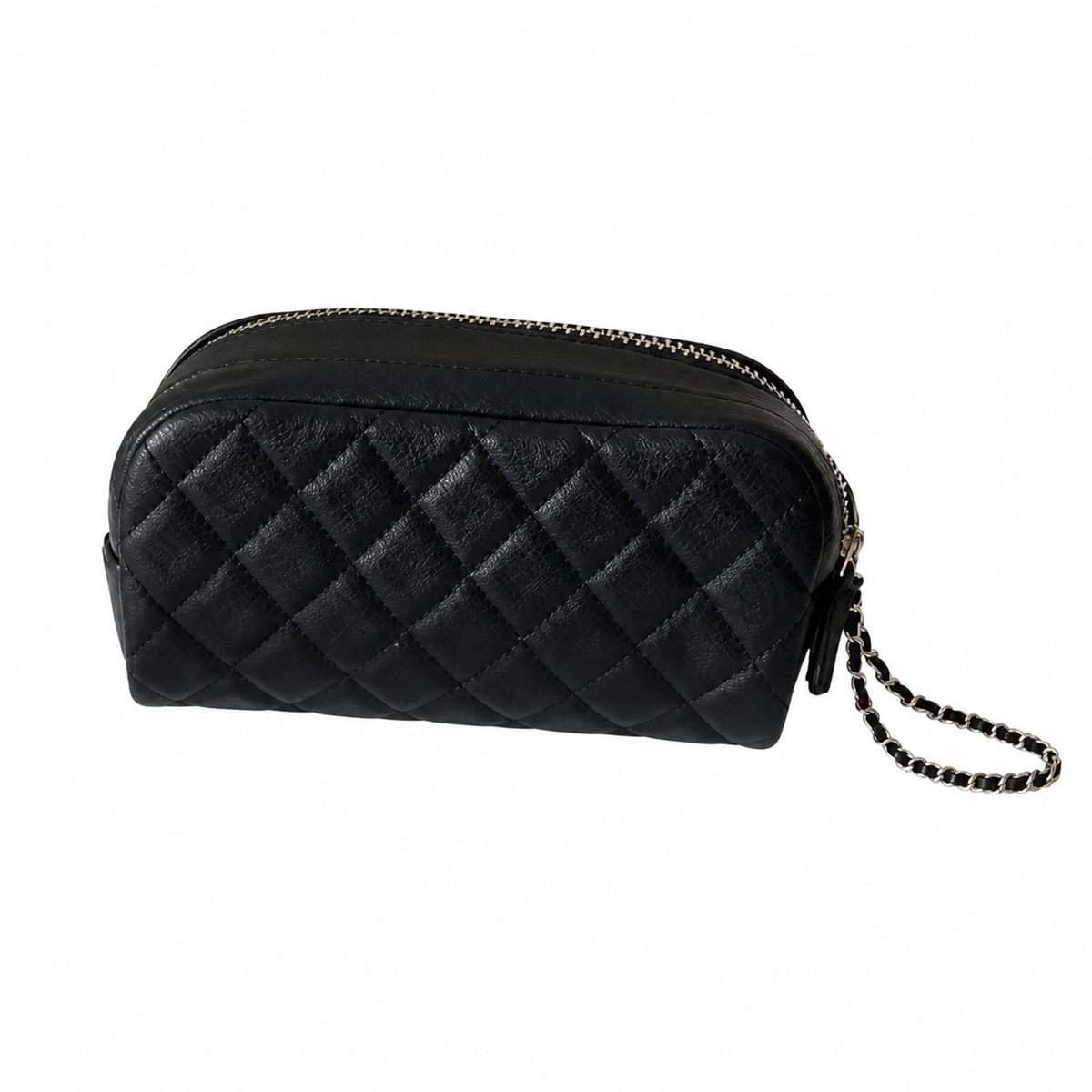 Chanel Black Lambskin Quilted Dome Demi-Lune Cosmetic Clutch Gold Zipper Silver Chain Wrist Strap Made in Italy 18cm