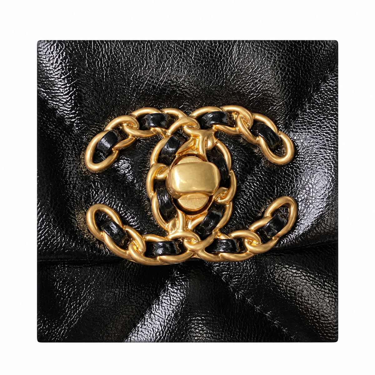 Chanel 19 Large Flap Bag Black Shiny Goatskin Mixed Metal Chain Gold CC Turn-Lock 26cm