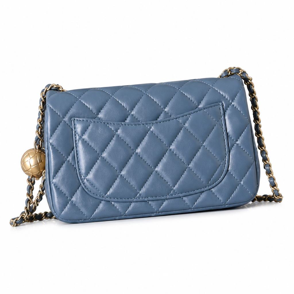 Chanel Pearl Crush Mini Rectangle Flap Bag Denim Blue Lambskin Gold Pearl Chain 20cm