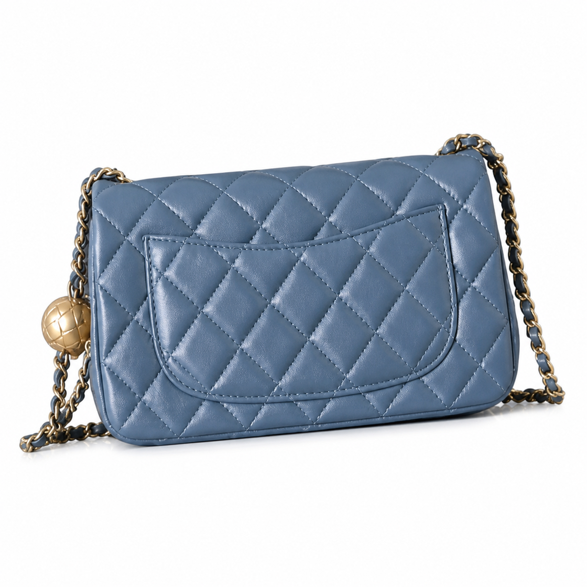Chanel Pearl Crush Mini Rectangle Flap Bag Denim Blue Lambskin Gold Pearl Chain 20cm