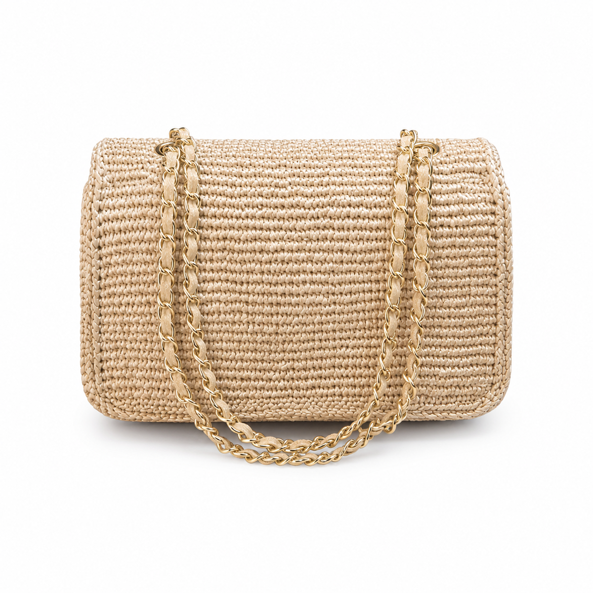 Chanel Natural Beige Raffia Woven Classic Flap Shoulder Bag | Gold CC Turn-Lock | Chain Strap | 16×25.5×7cm