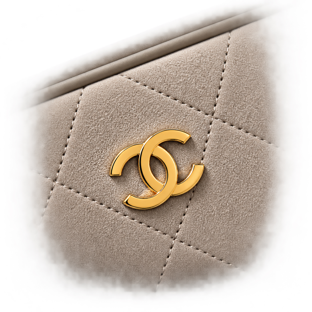 Chanel CC Logo Quilted Suede Hobo Shoulder Bag Beige Oatmeal Gold CC Badge Zip 29cm