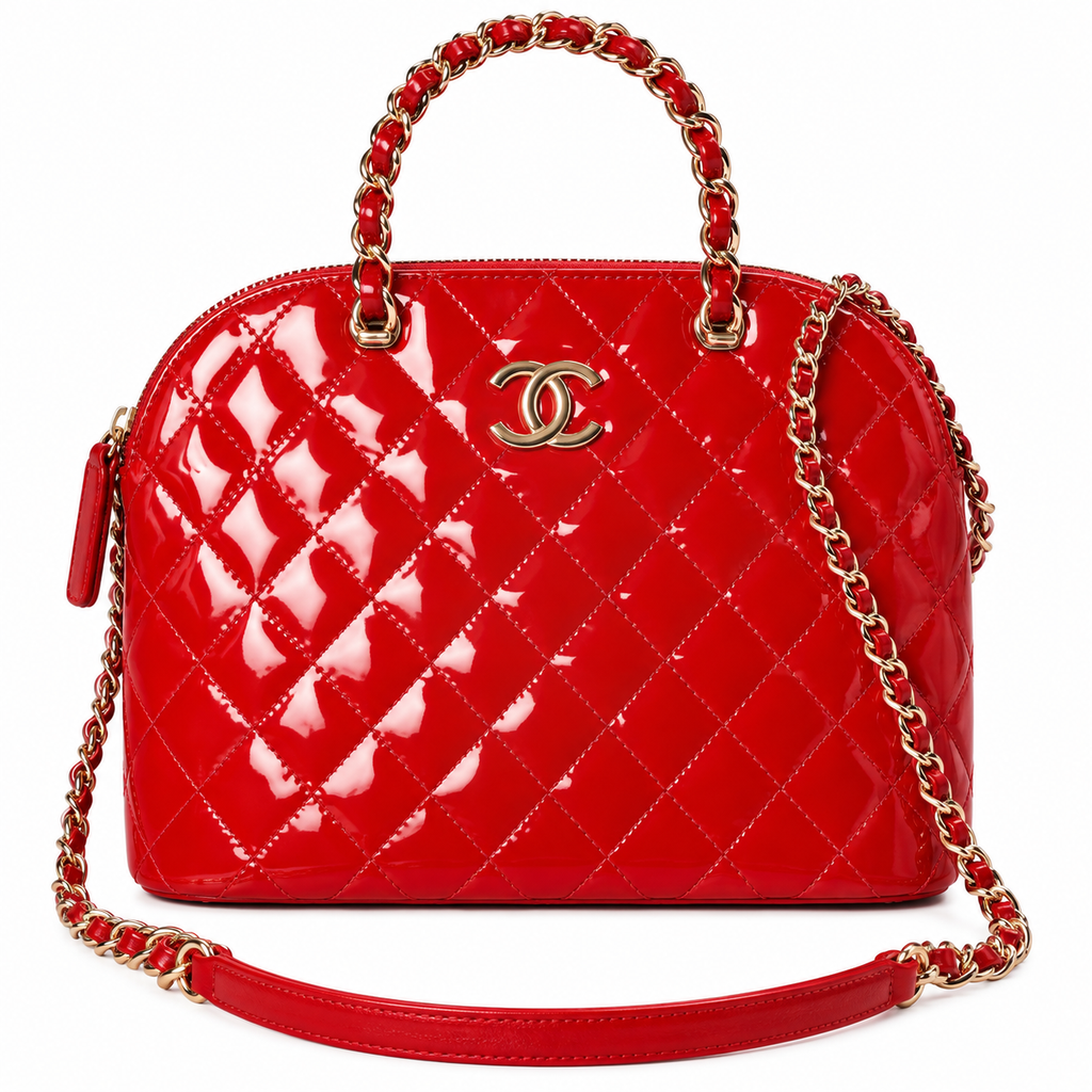 Chanel Red Patent Leather Quilted Dome Tote Bag | Gold CC Chain | 20.5×28.5×7cm