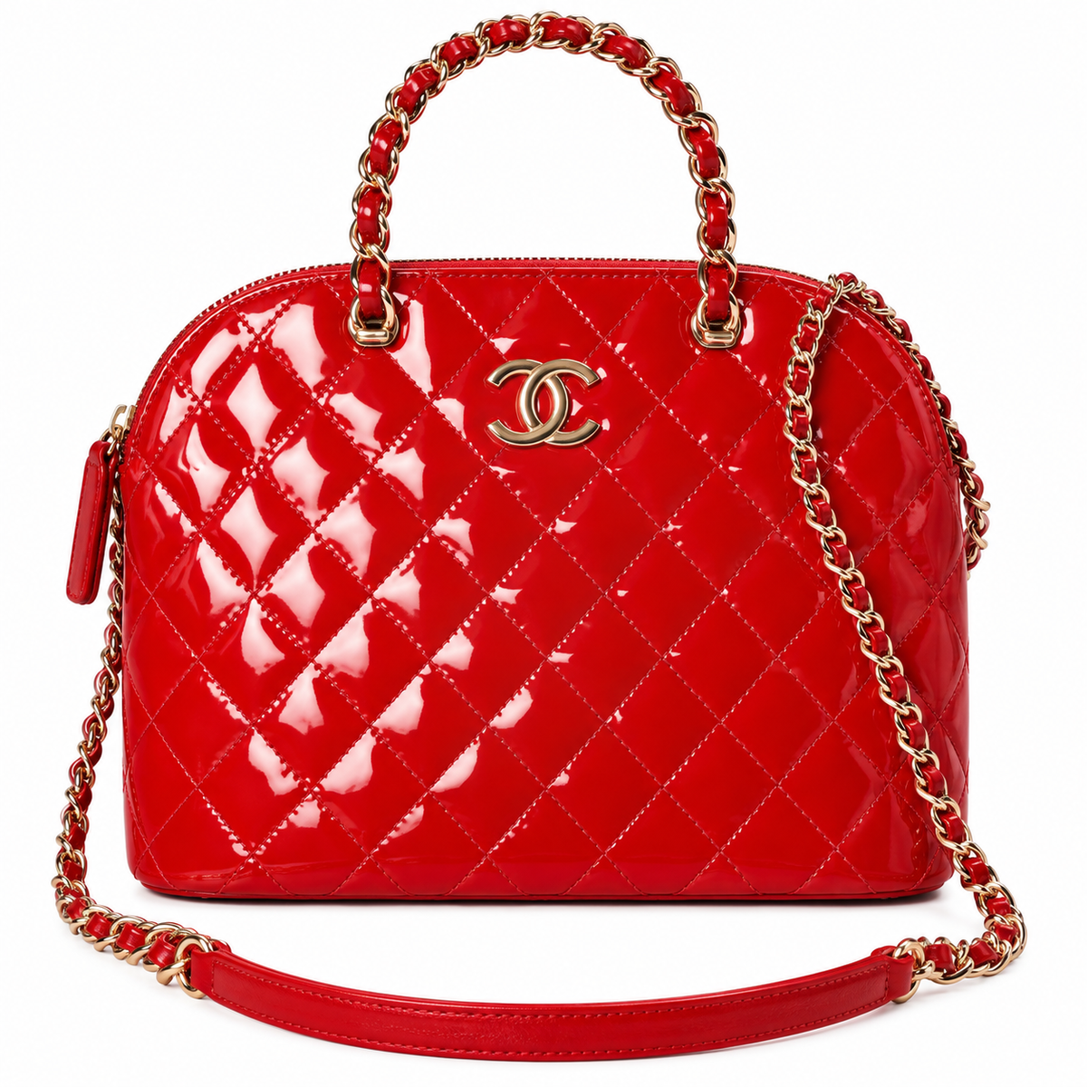 Chanel Red Patent Leather Quilted Dome Tote Bag | Gold CC Chain | 20.5×28.5×7cm