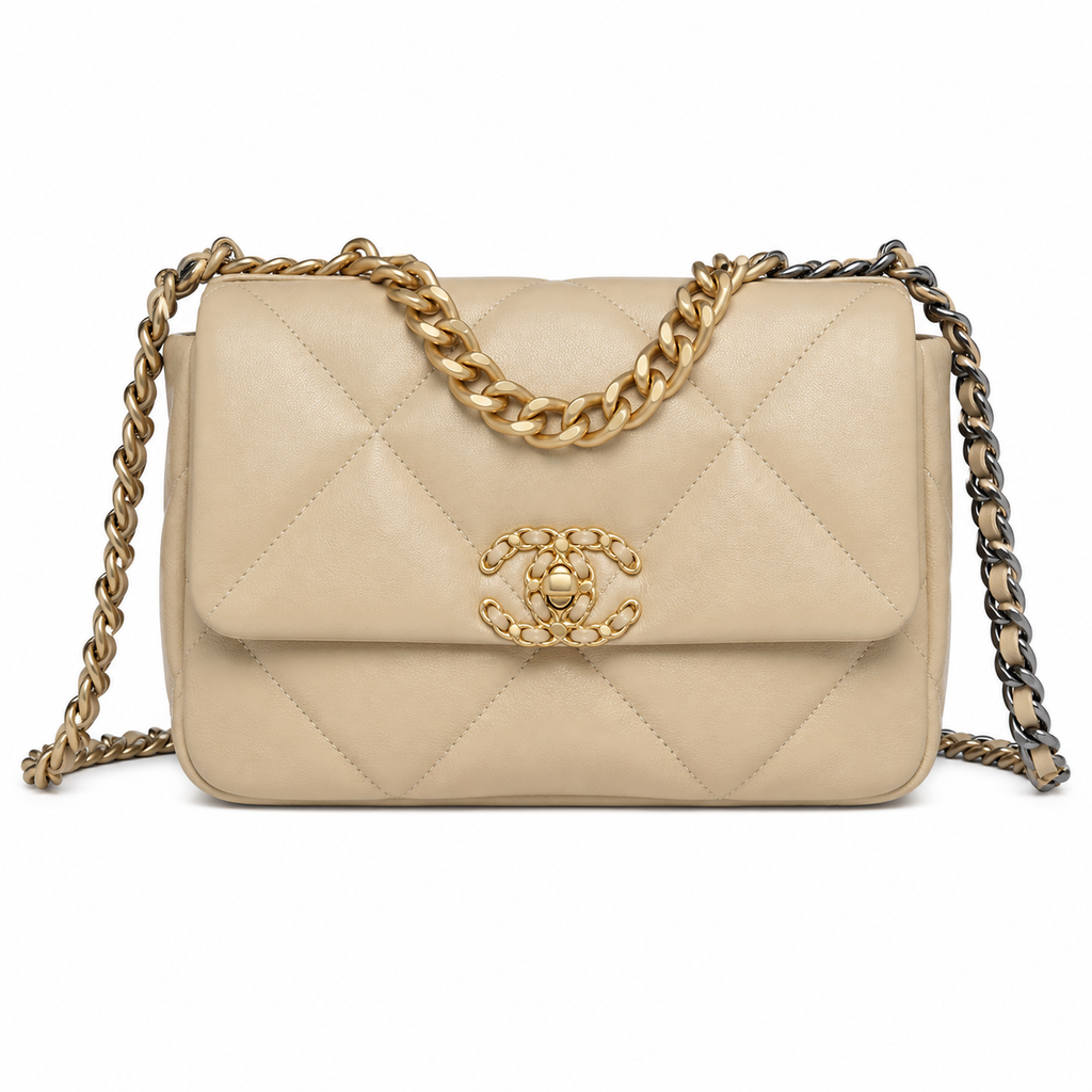 Chanel 19 Large Flap Bag Beige Cream Quilted Lambskin Mixed Metal Chain CC Turn-Lock 26cm