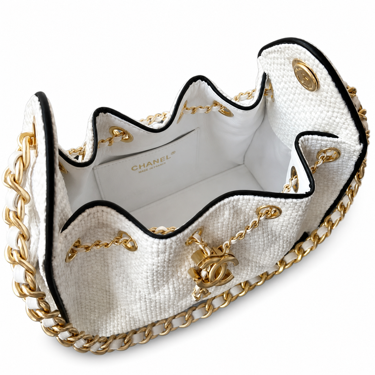 Chanel White Quilted Tweed Classic Flap Bag with Gold Chain