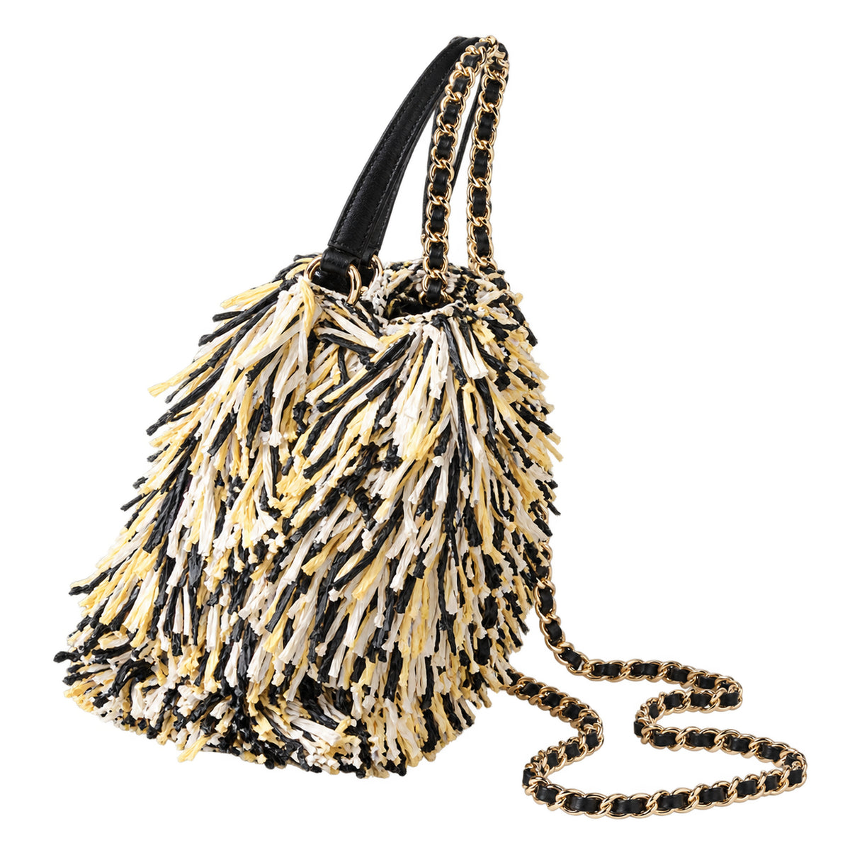 Chanel Black White Raffia Fringe Flap Bag Tortoiseshell CC Chain Cruise