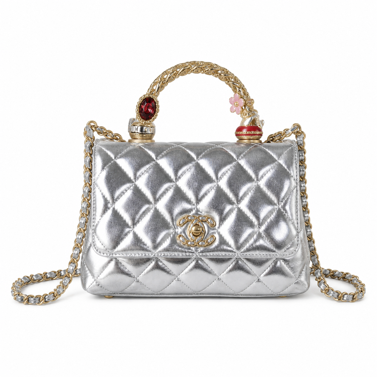 CHANEL Silver Quilted Leather Jewel Top Handle Flap Chain Bag
