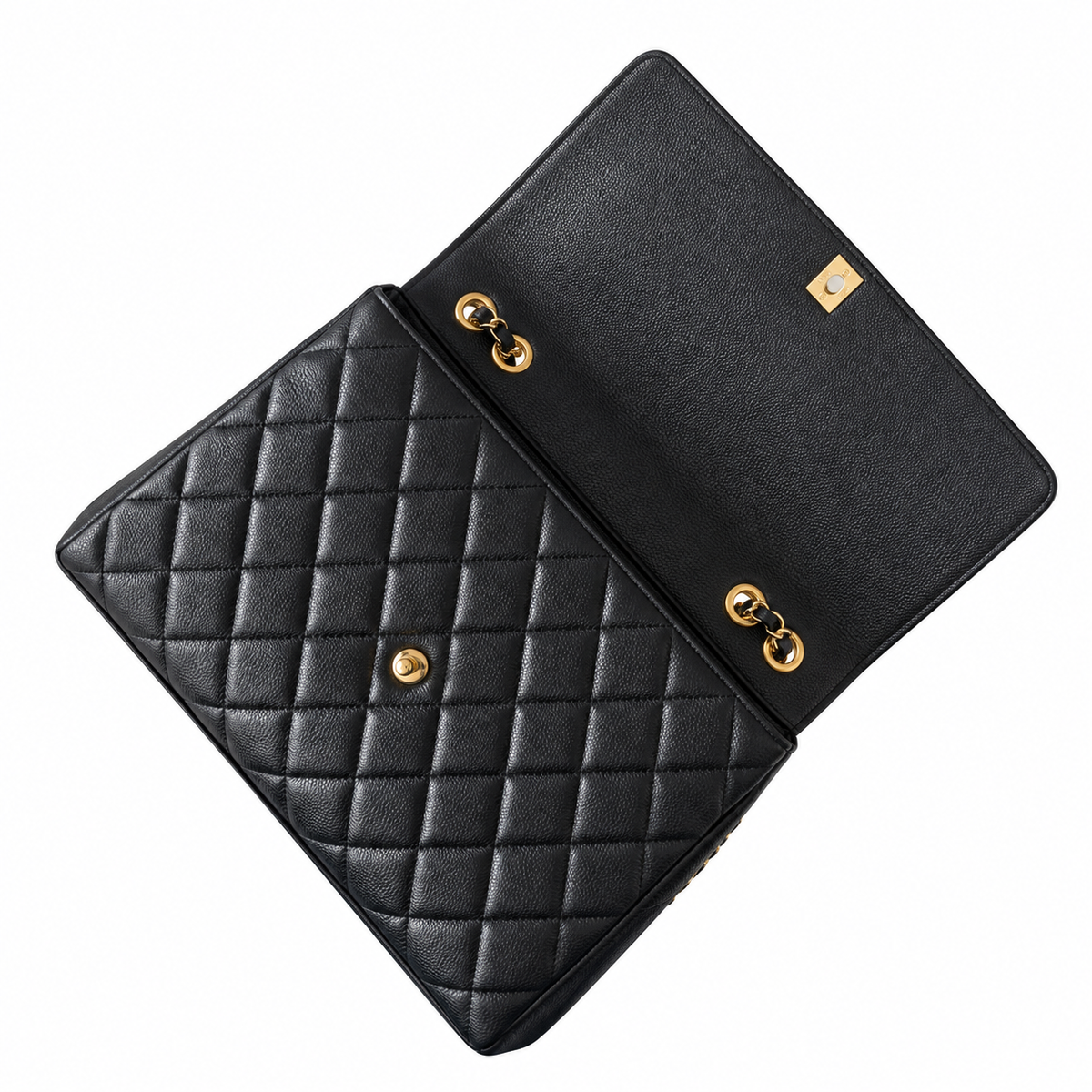 Chanel Black Caviar Quilted Medallion Shopping Shoulder Bag | Gold Chain | Back Zip Pocket | 33×11×23cm