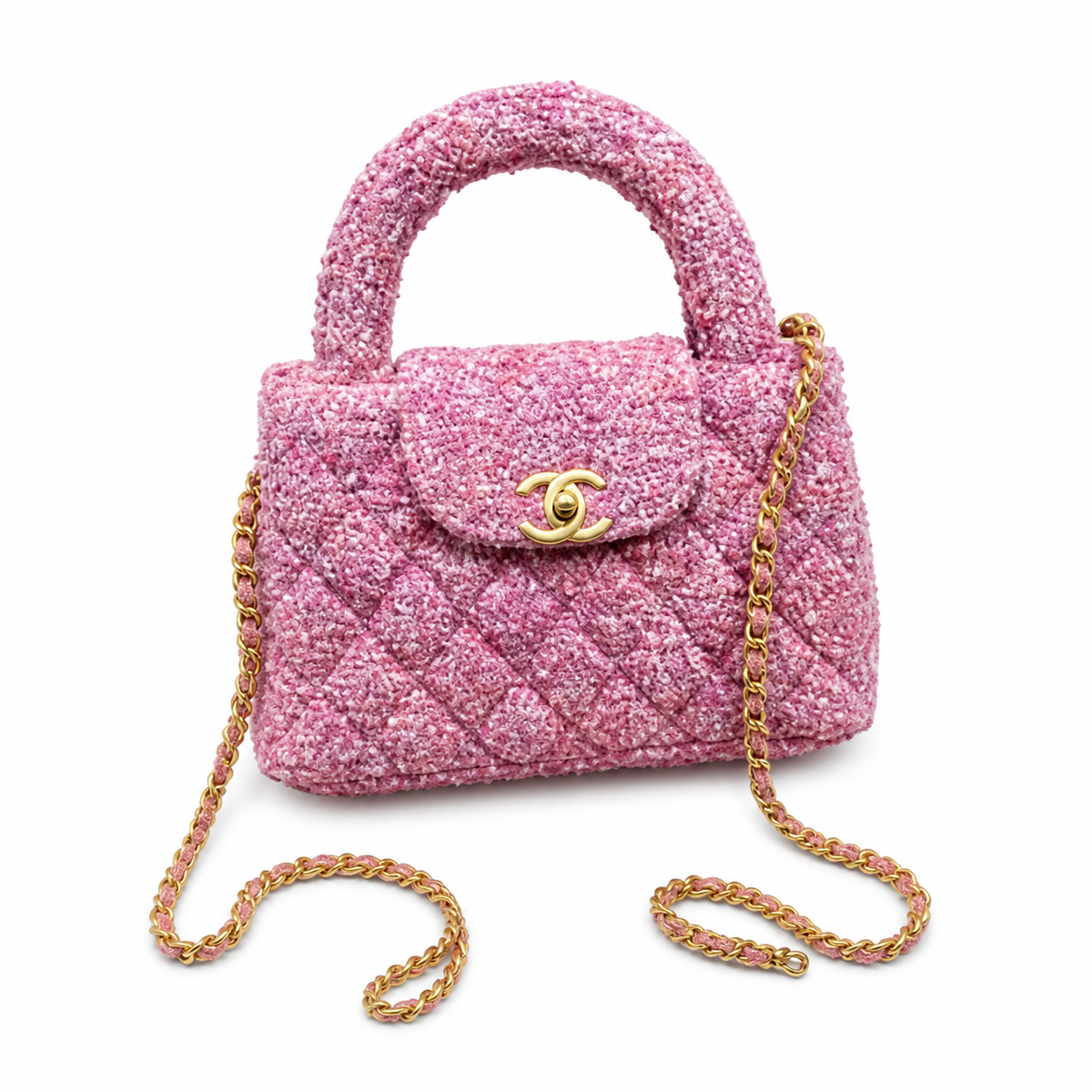 Chanel Pink Tweed Quilted Mini Kelly Shopping Bag Gold CC Chain Fuchsia Interior
