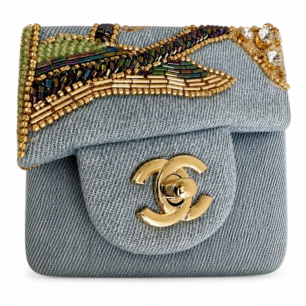 CHANEL Blue Denim Crystal Floral Embroidered Flap Chain Bag
