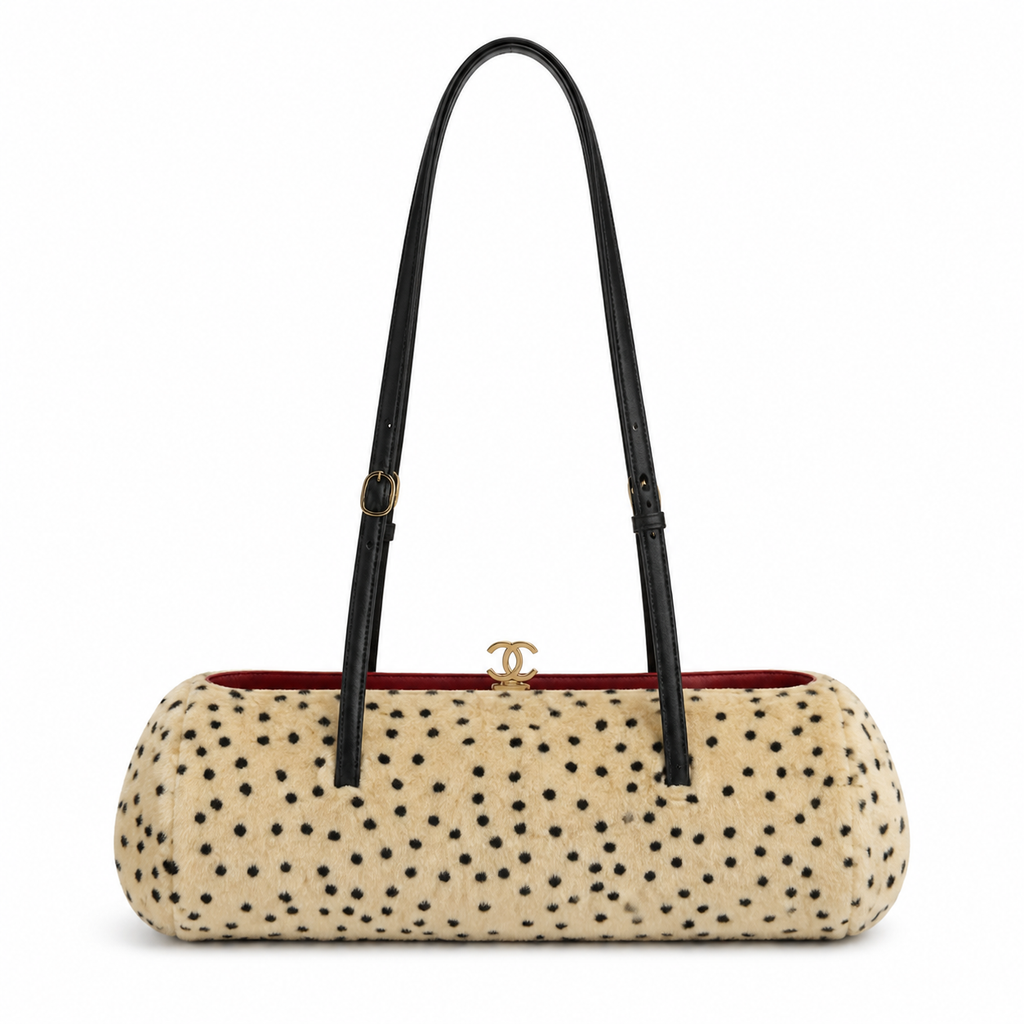 Chanel Vintage Polka Dot Faux Fur Flap Shoulder Bag Top Handle Black Leather Trim Gold CC Turn-Lock Burgundy Interior 36cm
