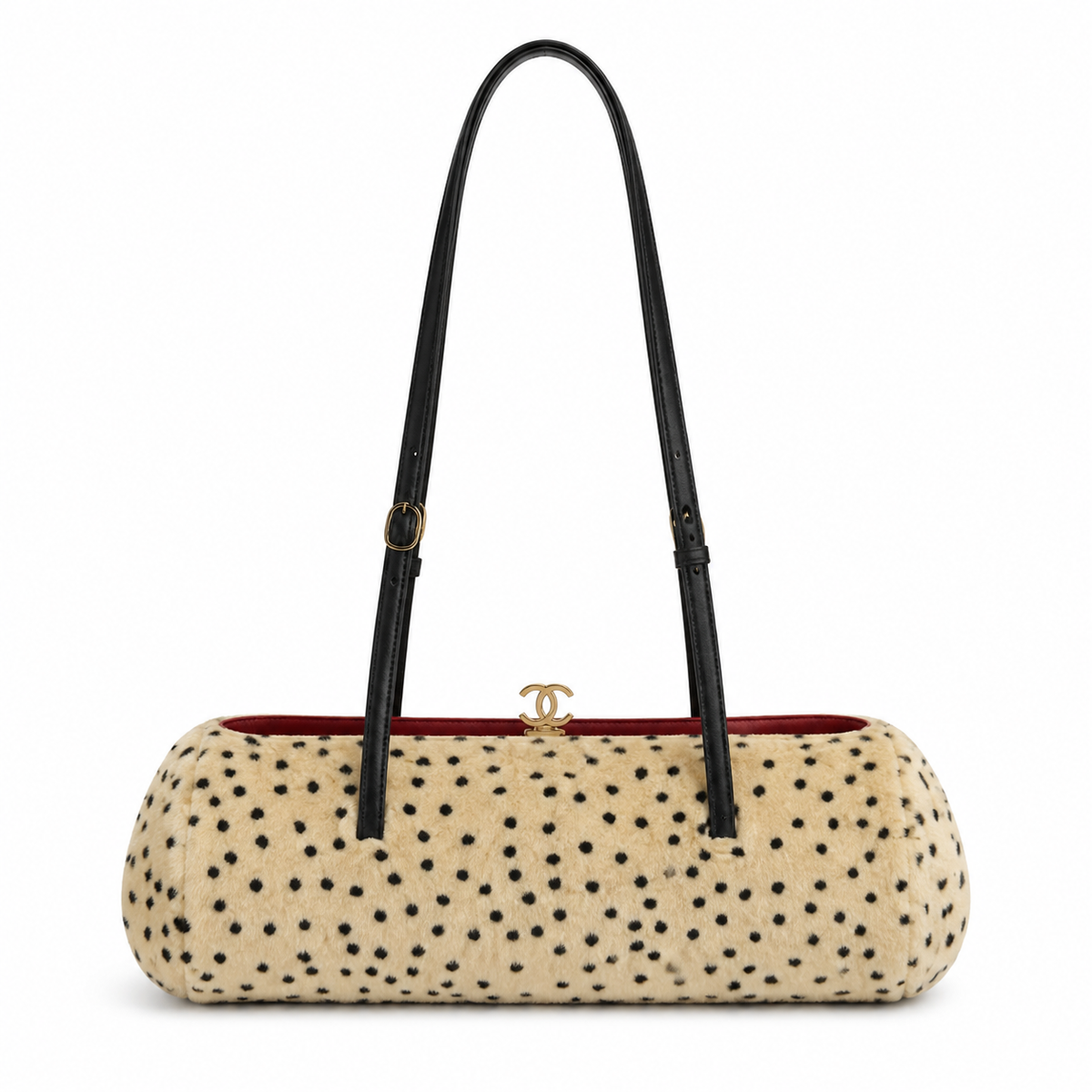 Chanel Vintage Polka Dot Faux Fur Flap Shoulder Bag Top Handle Black Leather Trim Gold CC Turn-Lock Burgundy Interior 36cm