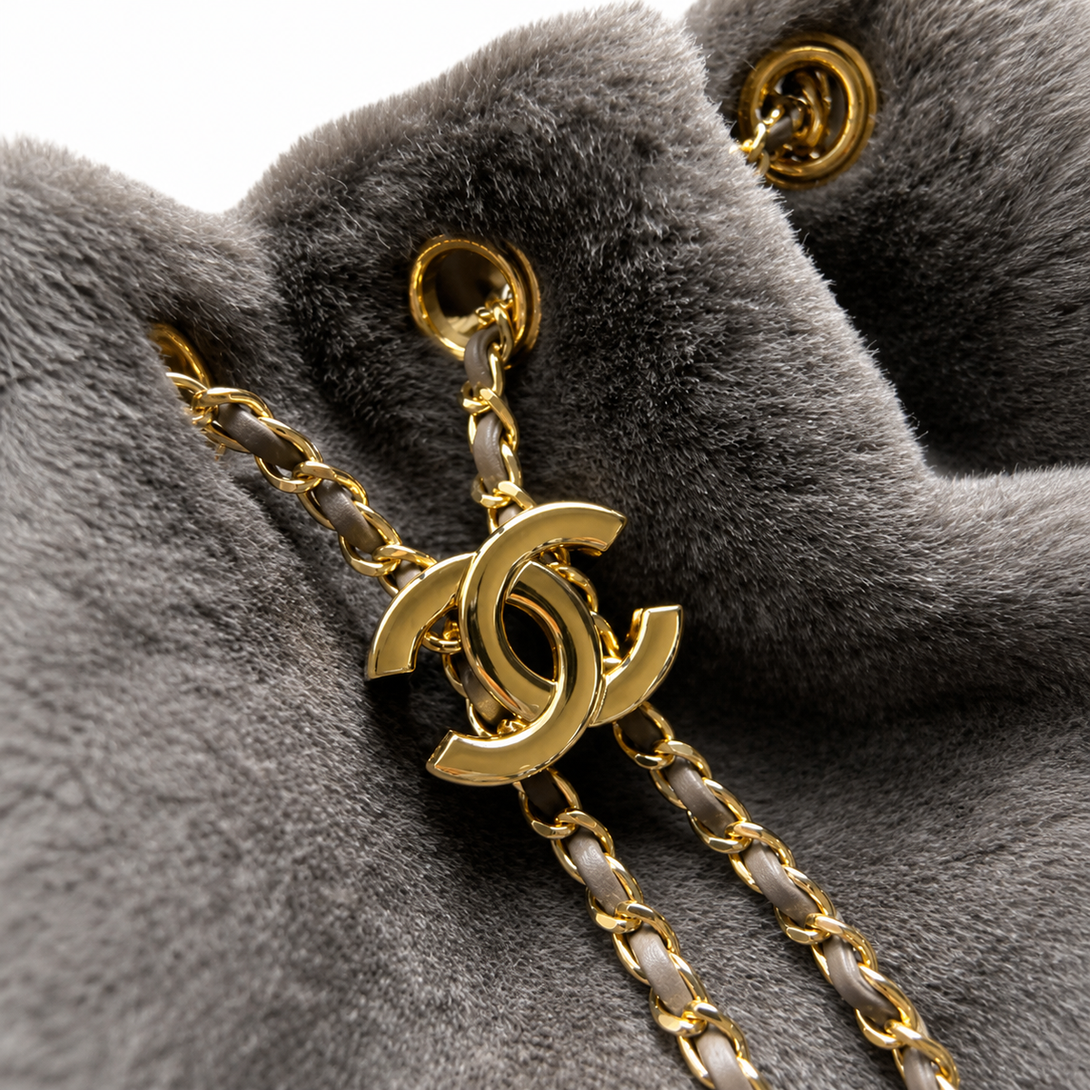 Chanel Taupe Faux Fur Drawstring Bucket Tote Bag Gold CC Chain