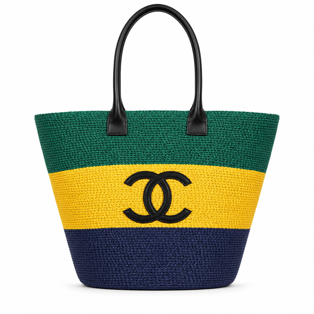 Chanel Beach Tote Bag | Tricolor Woven Raffia Green Yellow Navy CC Logo Black Leather Handles | 58cm