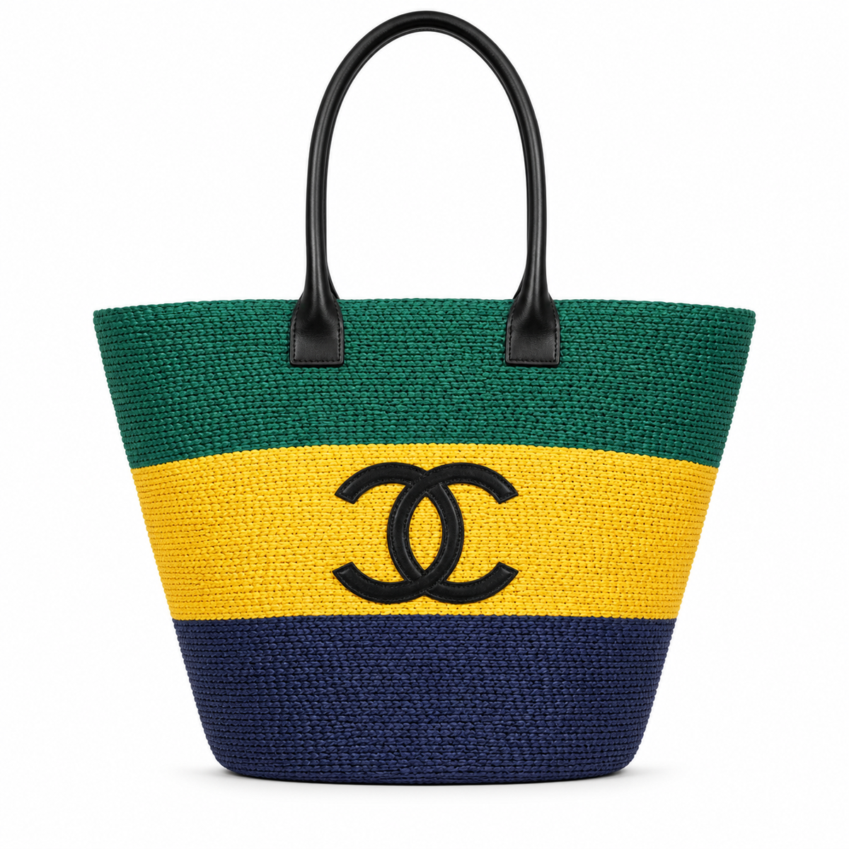 Chanel Beach Tote Bag | Tricolor Woven Raffia Green Yellow Navy CC Logo Black Leather Handles | 58cm