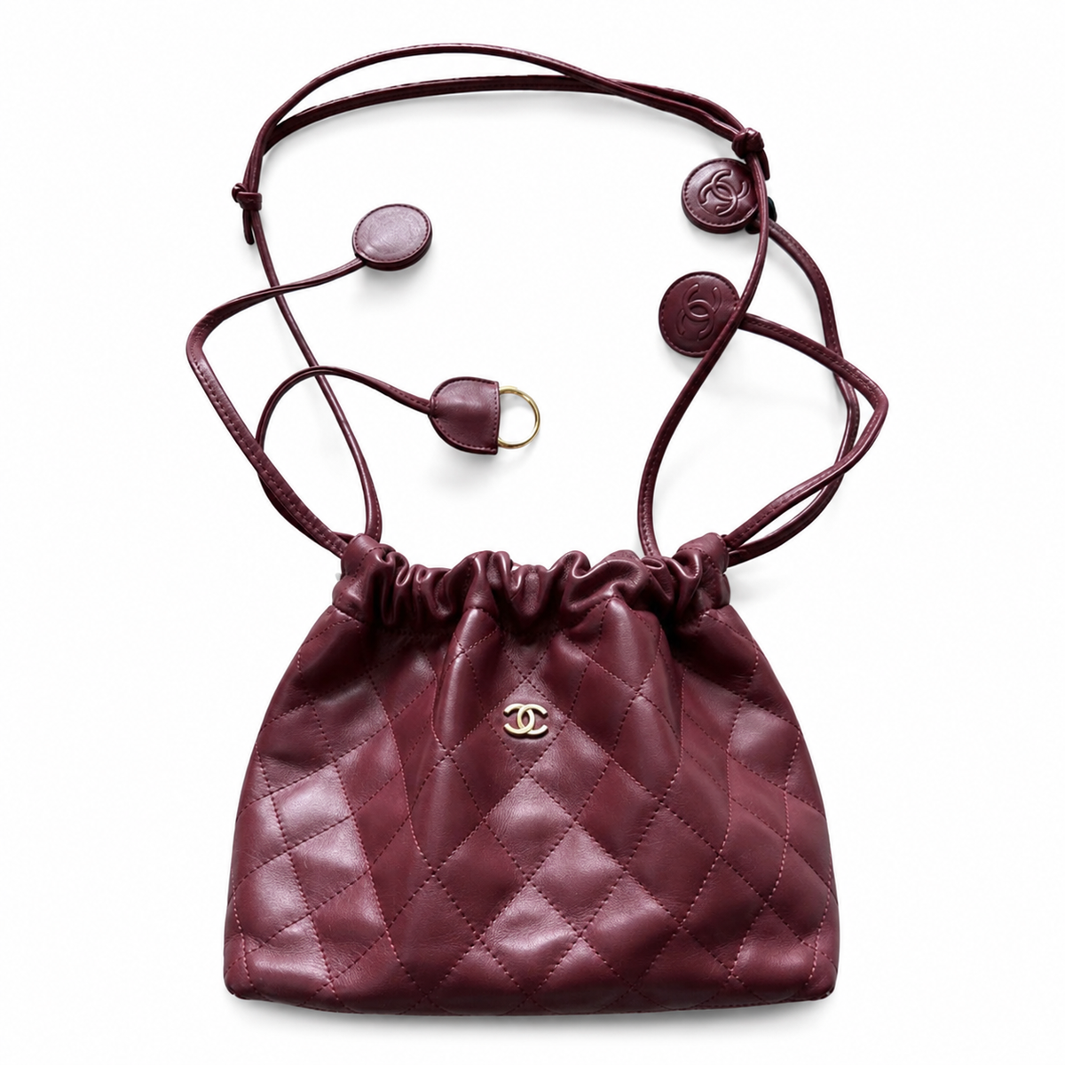 Chanel Burgundy Lambskin Quilted Drawstring Bucket Bag | Triple CC Coin Charms & Adjustable Strap