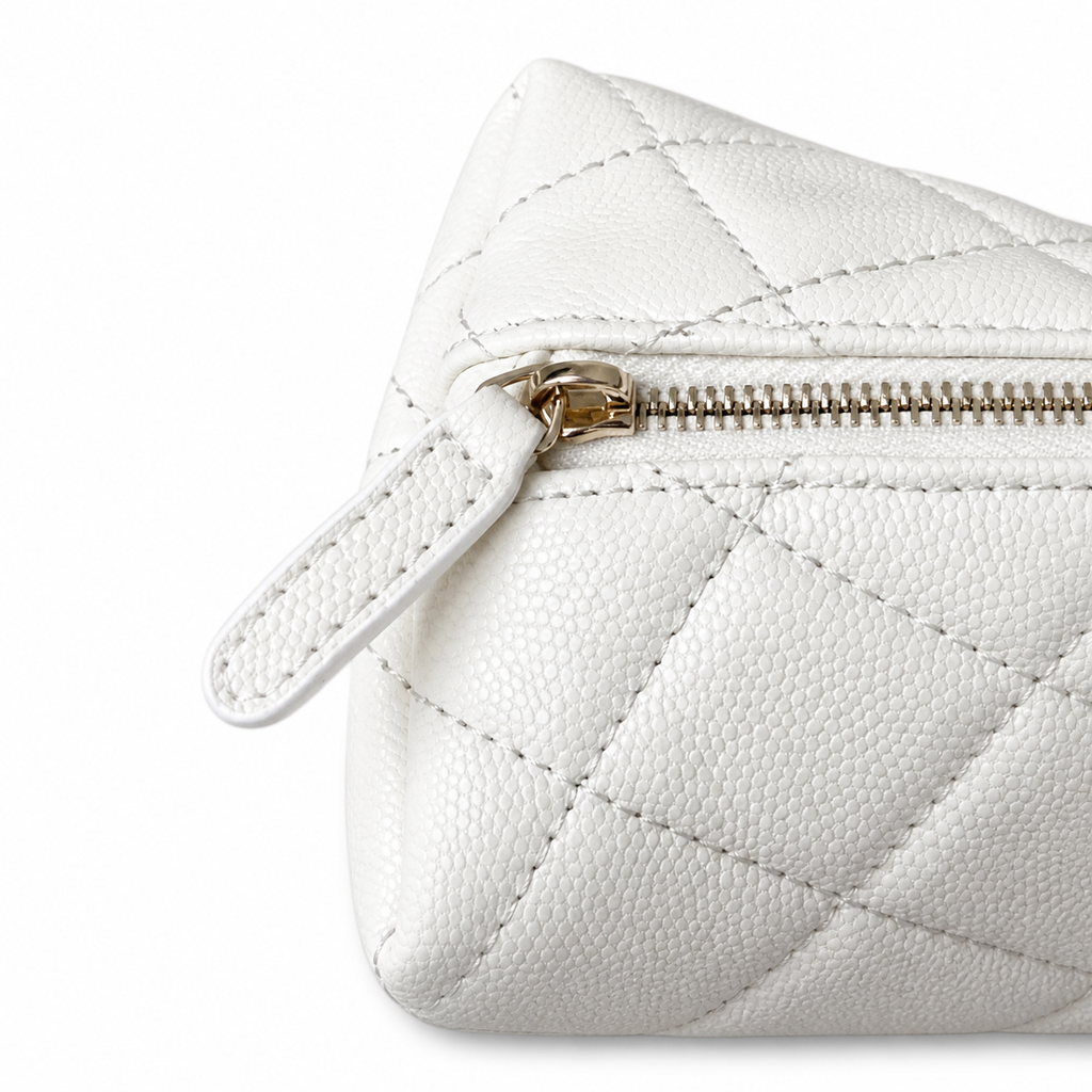 Chanel White Quilted Caviar Clamshell Cosmetic Pouch Beauty Case Gold CC Logo Gold Zipper 19cm