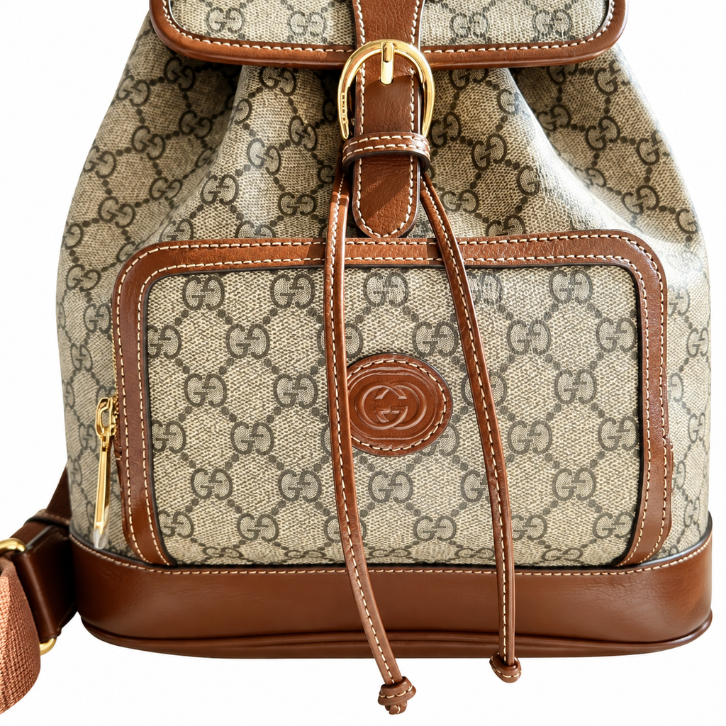 Gucci GG Supreme Canvas Medium Backpack with Brown Leather Trim