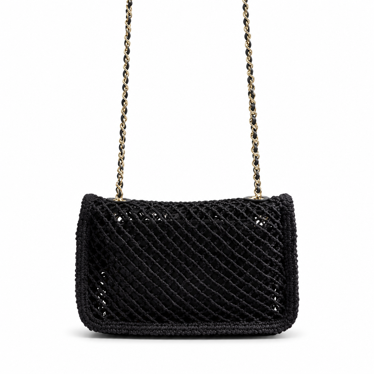 CHANEL Black Open Mesh Crochet Flap Bag Gold Chain Made in Italy