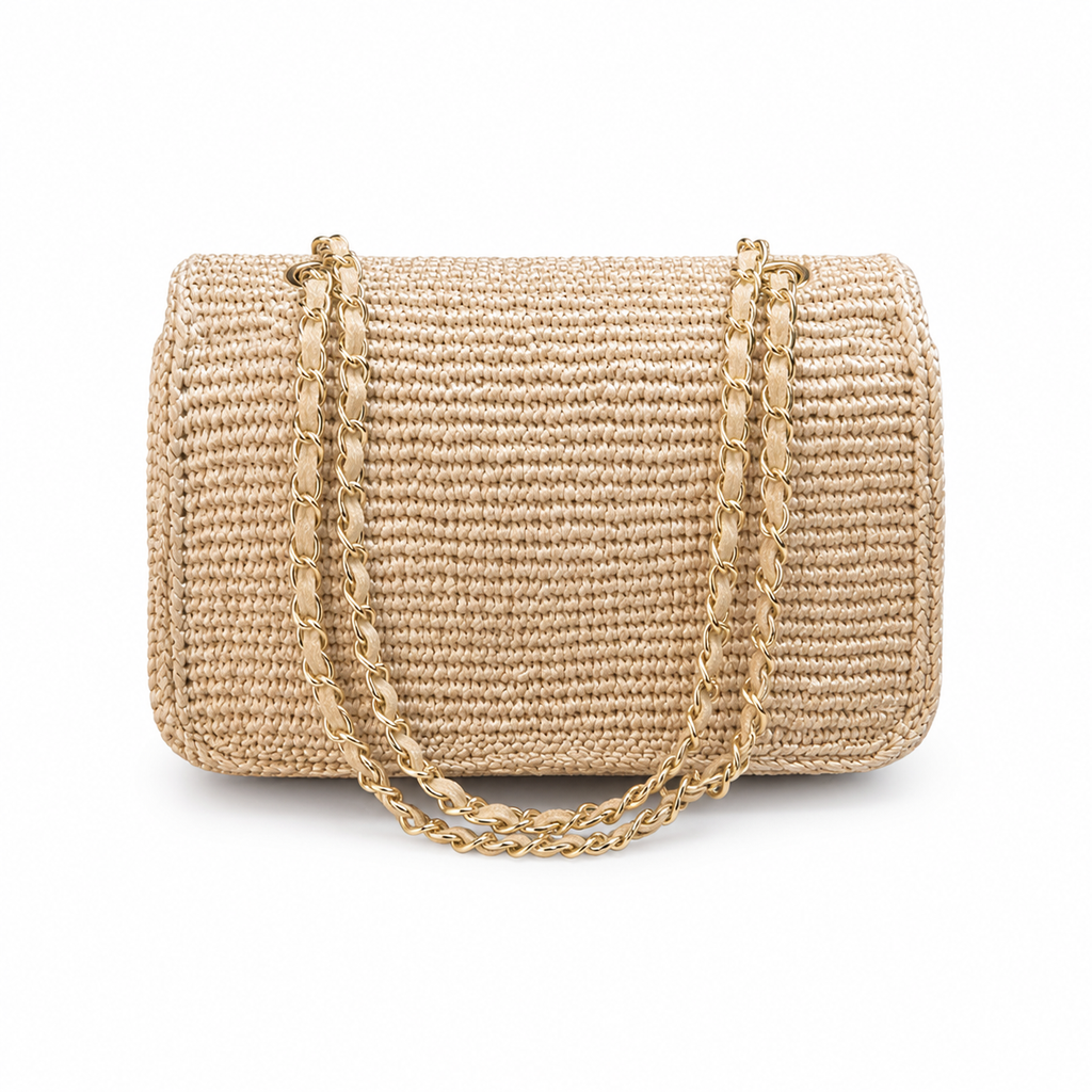 Chanel CC Raffia Woven Flap Bag | Natural Beige & Gold Chain — 25cm