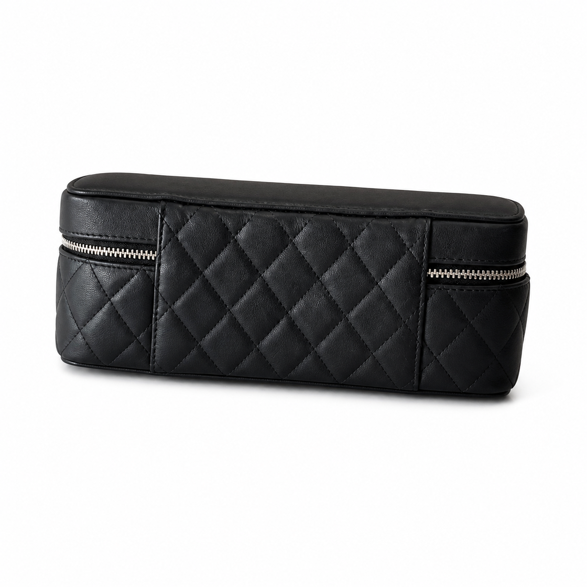 Chanel Black Caviar Quilted Elongated Long Vanity Case Silver CC Logo Double Zipper Silver Hardware 26cm