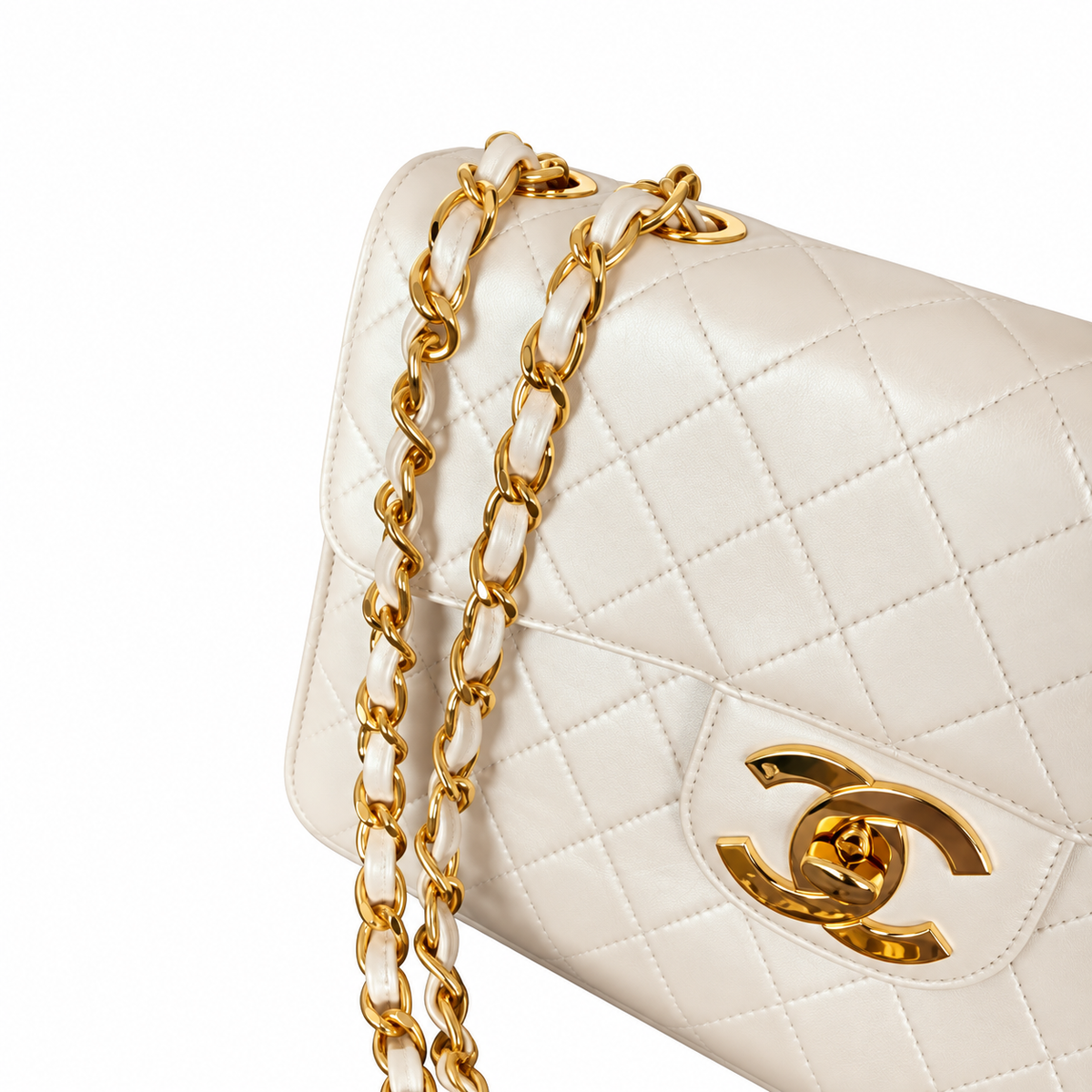 Chanel Classic Flap Bag | Ivory White Quilted Lambskin Gold CC Turn-Lock & Chain | Medium 30cm