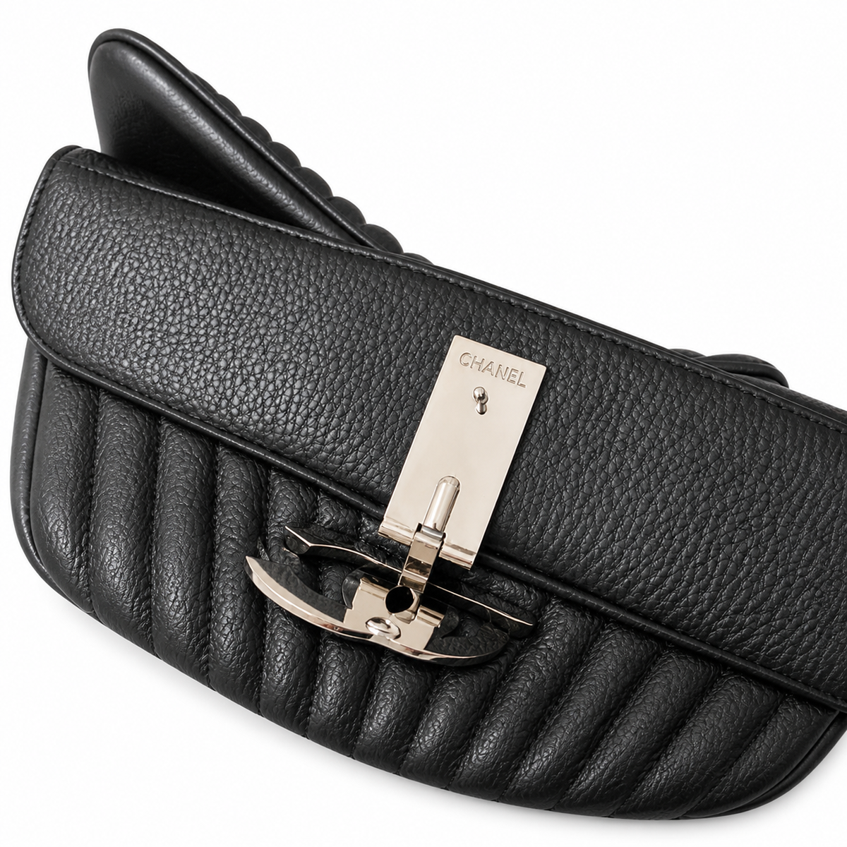Chanel Black Leather Linear Horizontal Stitch Large Flap Clutch Silver CC Turn-Lock Interior Zip Pocket 30cm