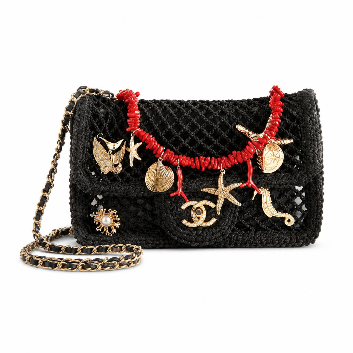 Chanel Black Mesh Flap Bag Gold Sea Creature Charms Red Coral Chain Cruise