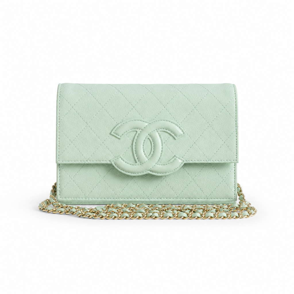 Chanel CC Filigree Wallet on Chain WOC Mint Green Quilted Leather Gold Chain Crossbody 19cm