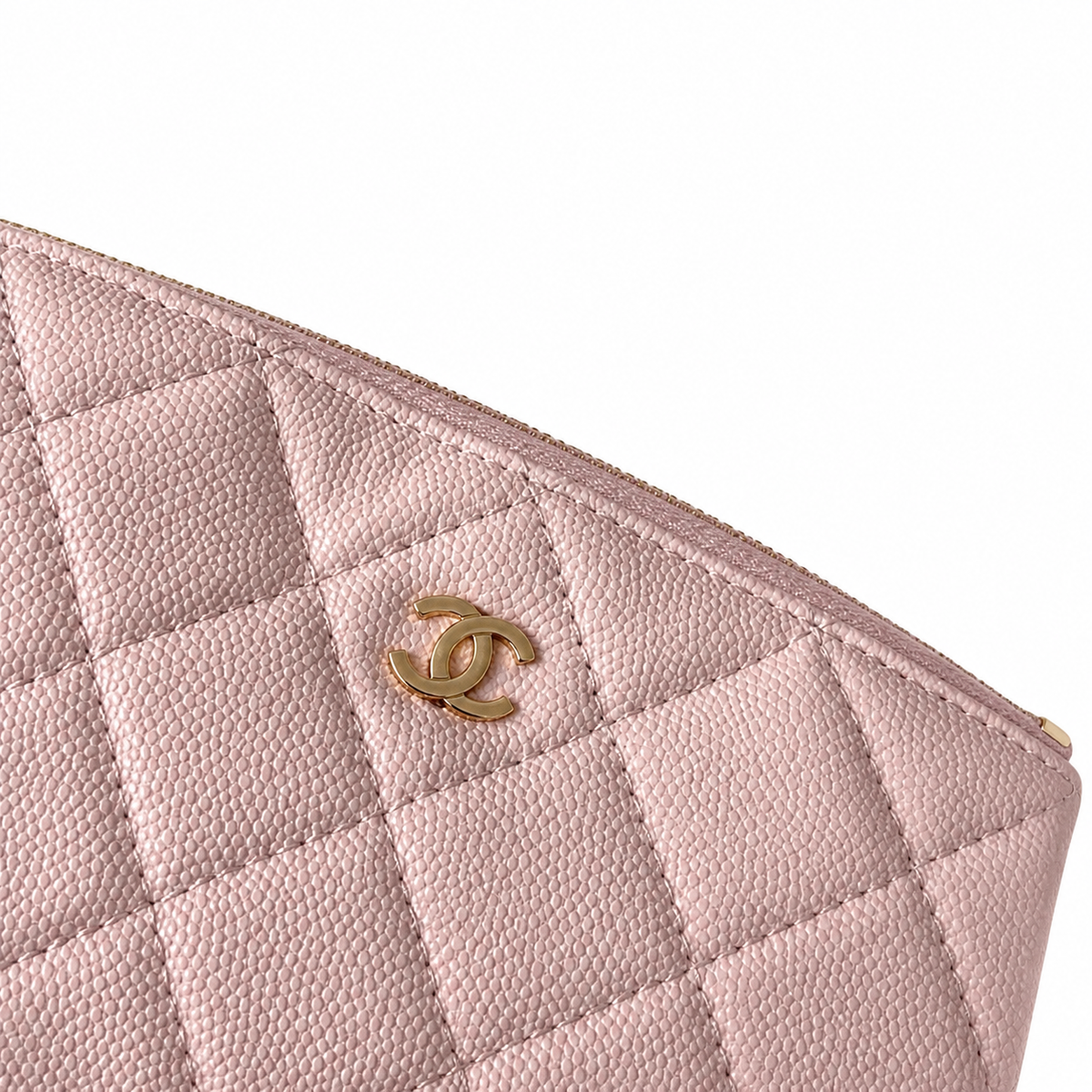 Chanel Light Pink Quilted Caviar Clamshell Cosmetic Pouch Beauty Case Gold CC Logo Gold Zipper 19cm
