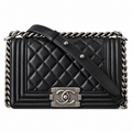 Chanel Boy Bag Small Black Quilted Calfskin Ruthenium Silver Hardware Chunky Chain Logo Plate 20cm