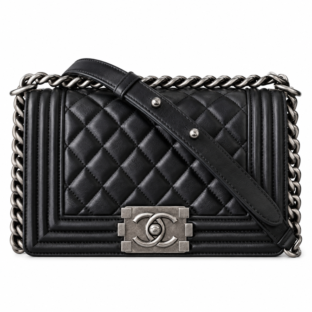 Chanel Boy Bag Small Black Quilted Calfskin Ruthenium Silver Hardware Chunky Chain Logo Plate 20cm