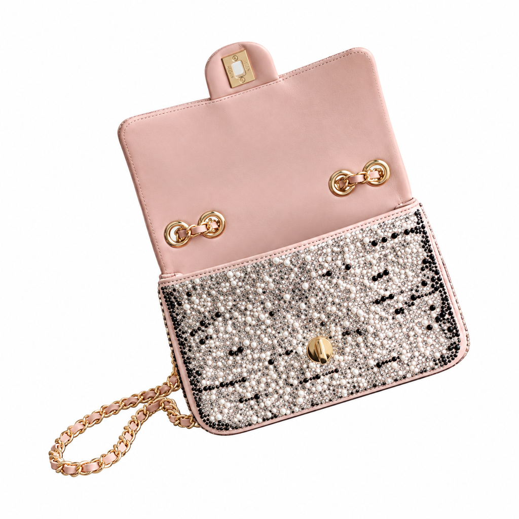 CHANEL Crystal Pearl Embellished Classic Flap Crossbody Bag – Blush Pink Interior Gold Chain 20cm
