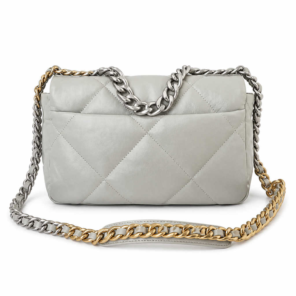 Chanel 19 Large Flap Bag Light Grey Quilted Lambskin Mixed Metal Chain Pearl CC Turn-Lock 26cm