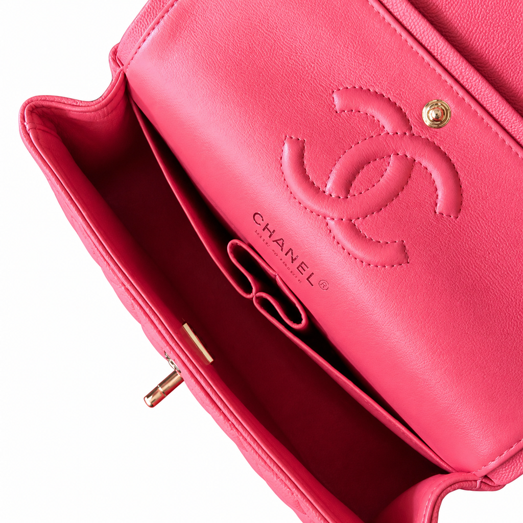 Chanel Classic Flap Bag Small Hot Pink Fuchsia Quilted Lambskin Gold CC Lock Double Chain 23cm