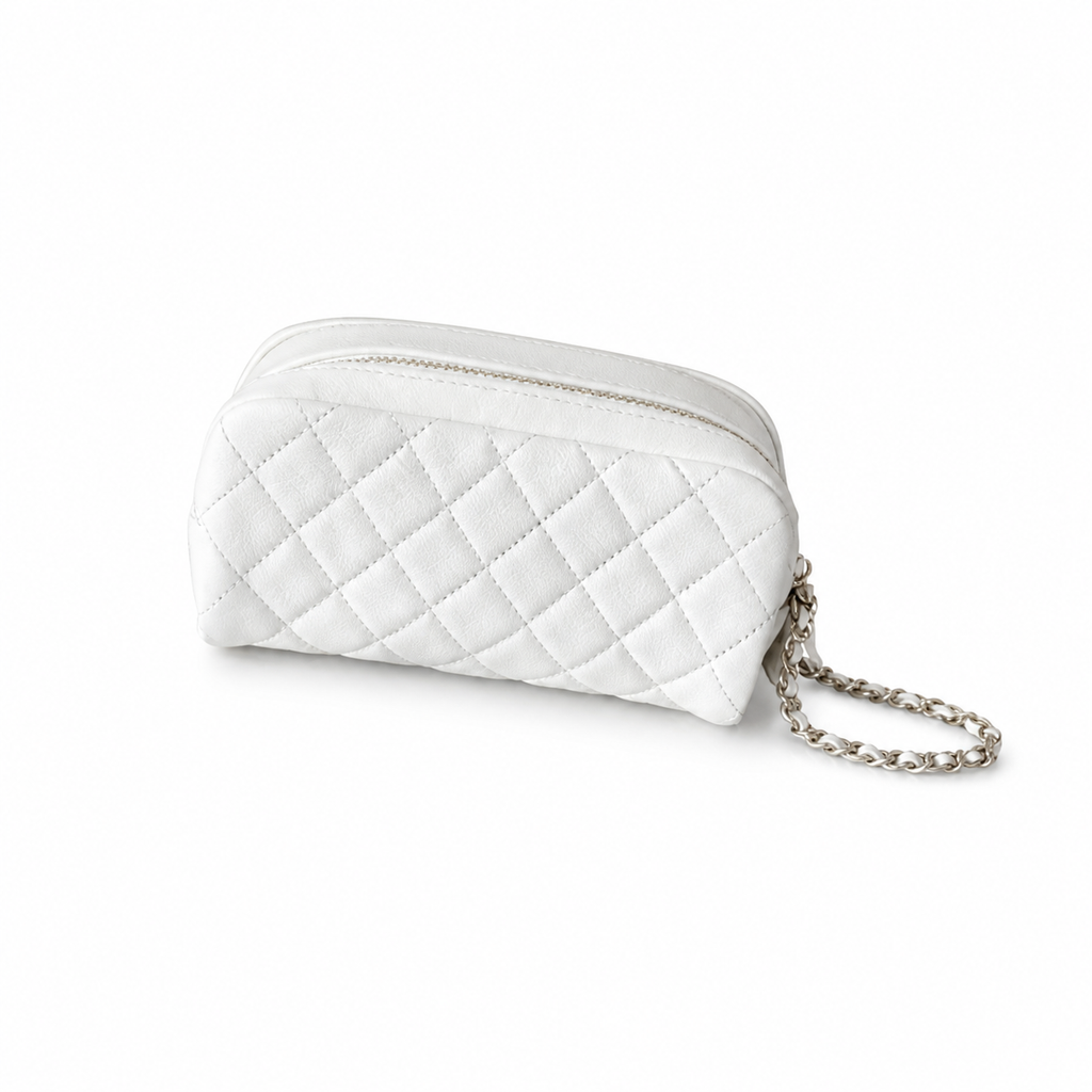 Chanel White Caviar Quilted Round Cylinder Clutch Tube Bag Gold CC Logo Silver Chain Strap 18cm