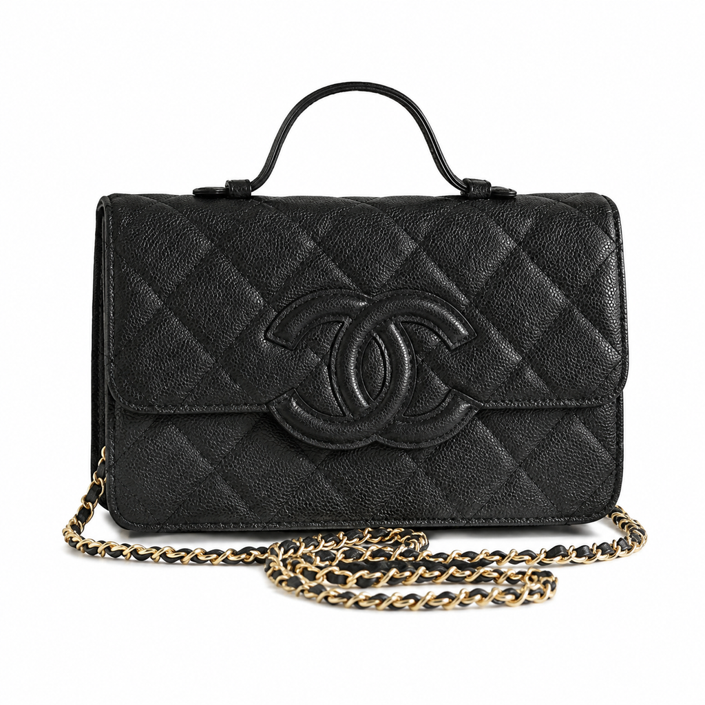 Chanel CC Filigree Quilted Caviar Leather Top Handle Crossbody Bag Black
